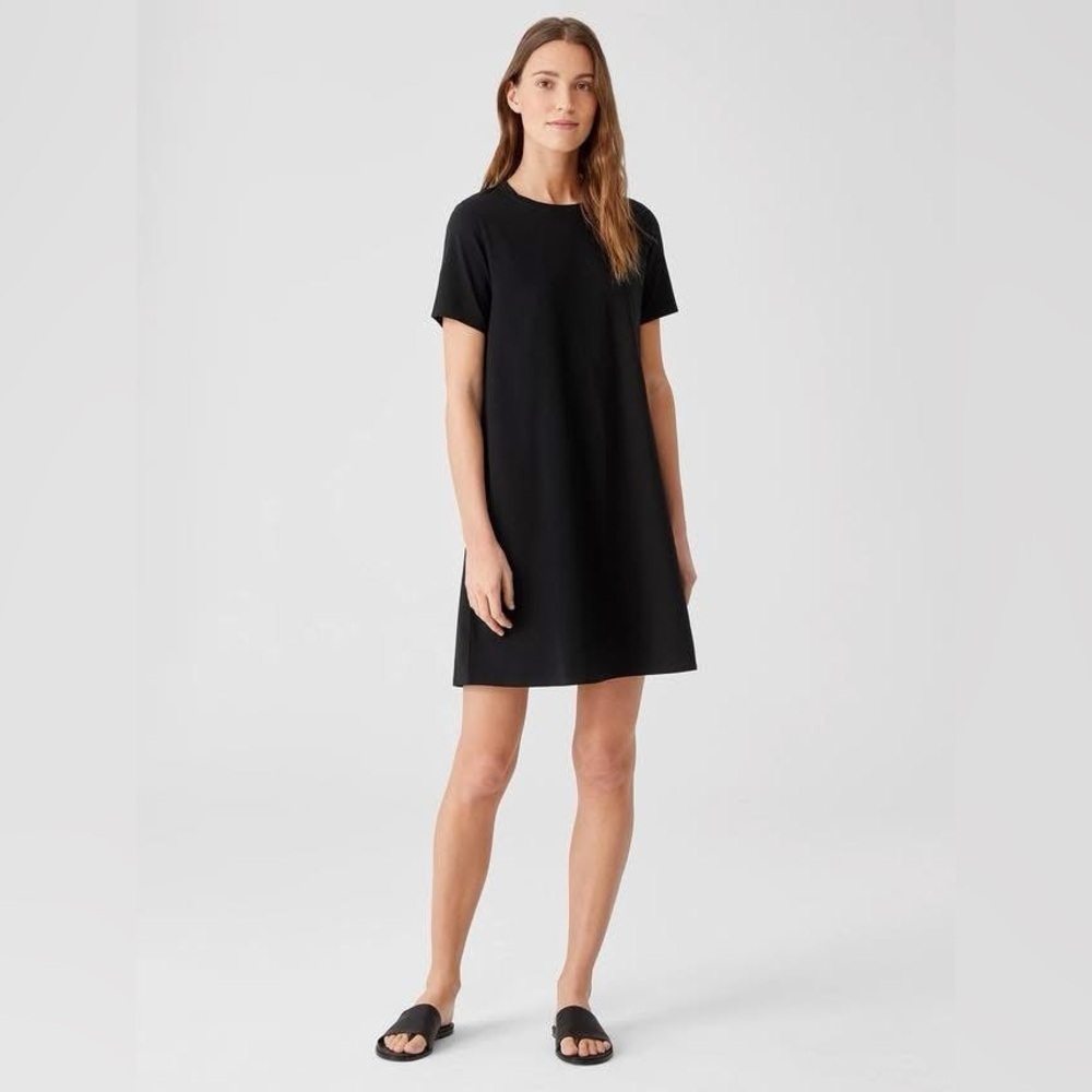 EILEEN FISHER - PIMA COTTON STRETCH JERSEY T-SHIRT DRESS in Black. Size: XS